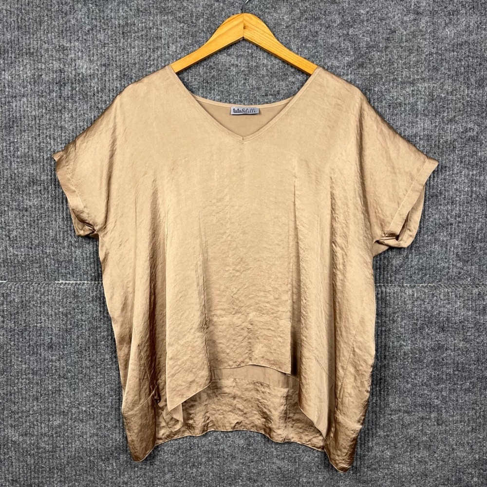 Satin Blouse Top Womens Small Tan Short Sleeve Quiet Luxury Euro Made in USA